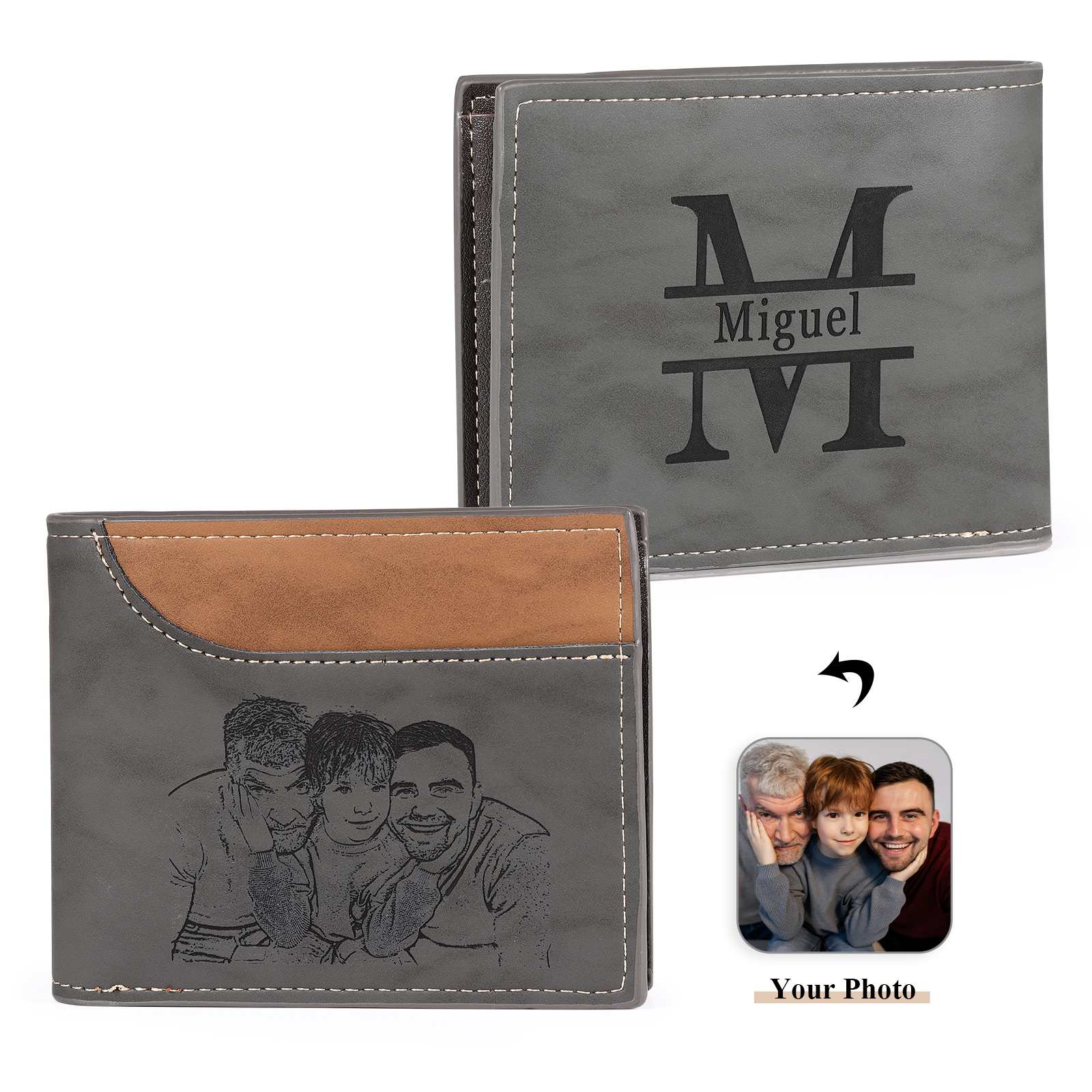 Cartera, billetera bicolor personalizada con 1 foto, 1 nombre y 1 letra monedero para hombre | Jessemade