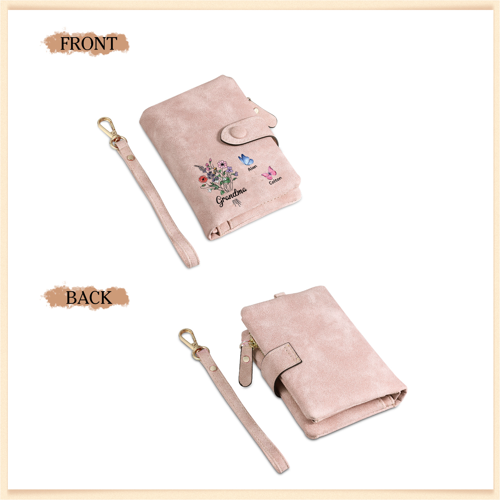 Cartera, billetera flores y mariposas 3 nombres personalizados monedero clásico para mujer | Jessemade