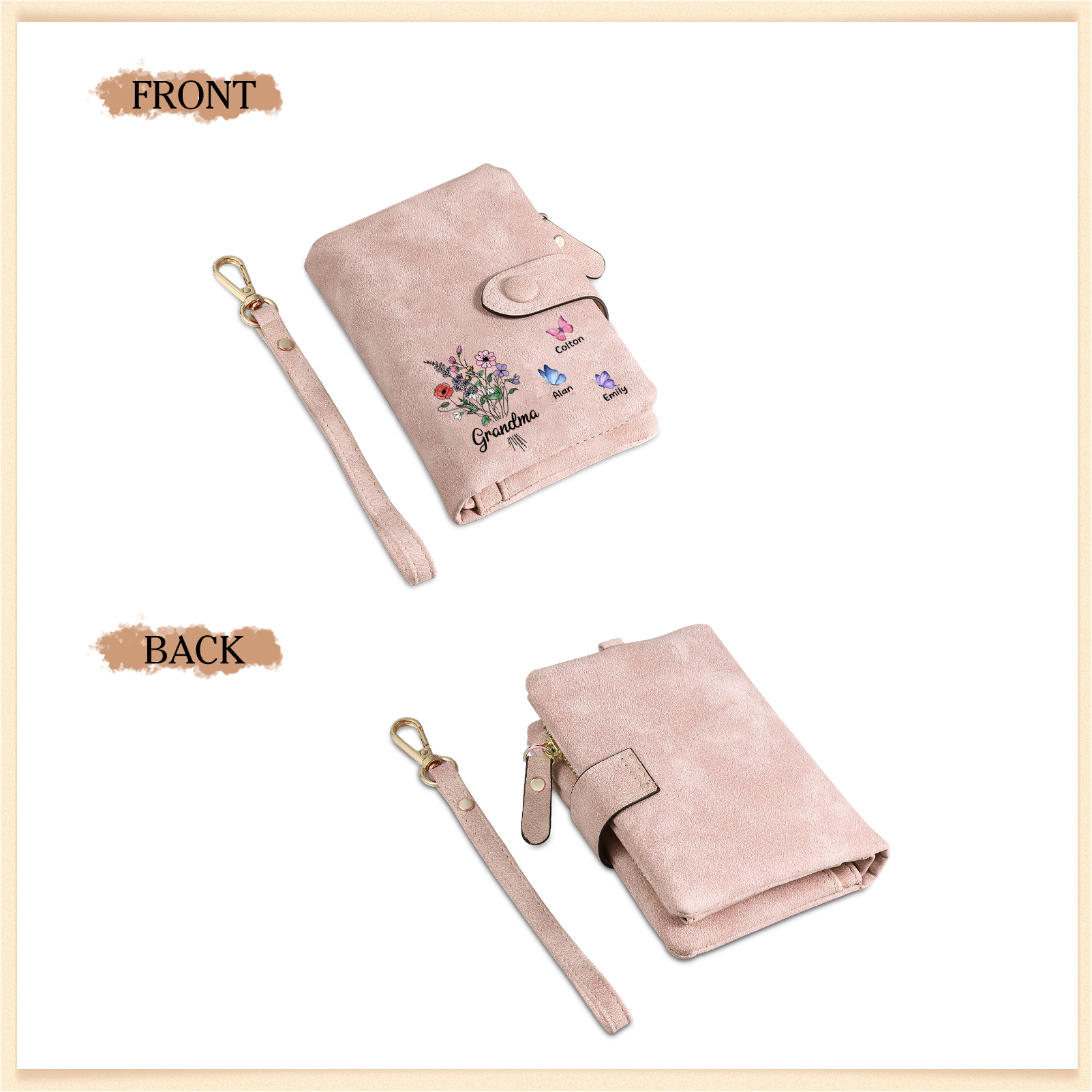 Cartera, billetera flores y mariposas 4 nombres personalizados monedero clásico para mujer | Jessemade