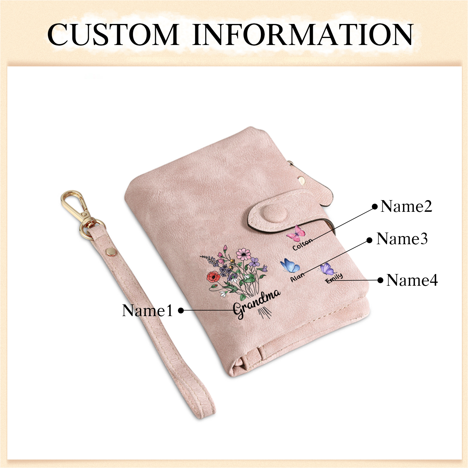 Cartera, billetera flores y mariposas 4 nombres personalizados monedero clásico para mujer | Jessemade