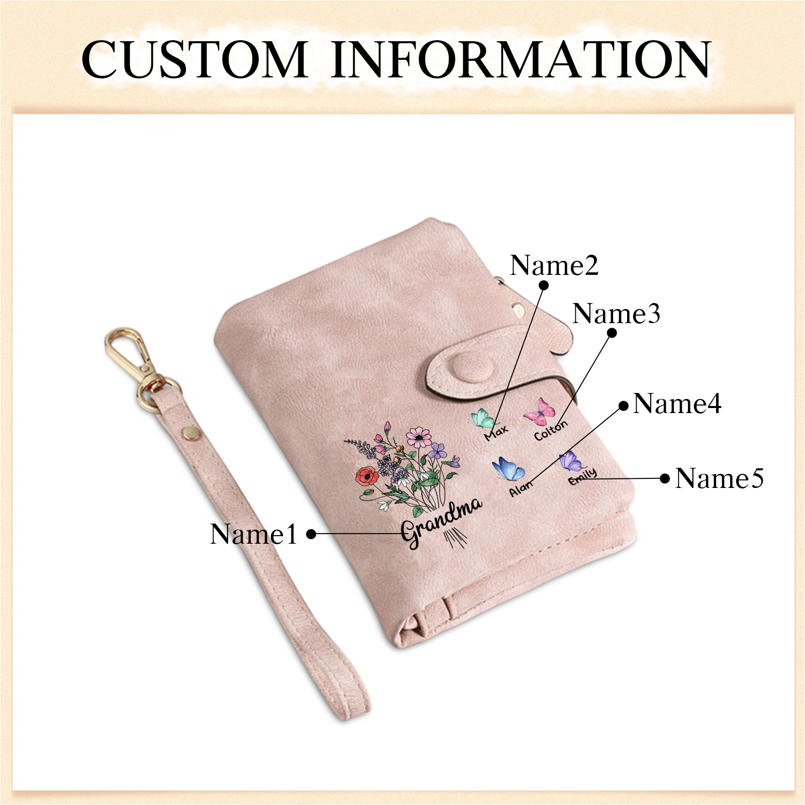 Cartera, billetera flores y mariposas 5 nombres personalizados monedero clásico para mujer | Jessemade