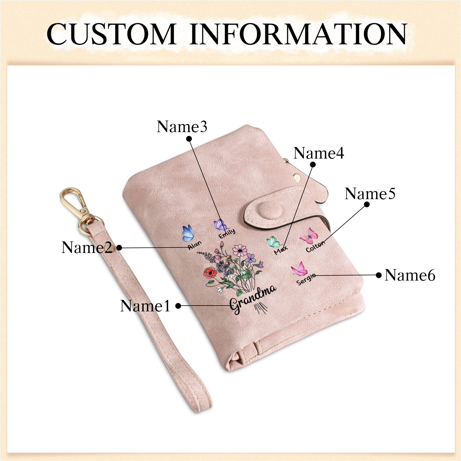 Cartera, billetera flores y mariposas 6 nombres personalizados monedero clásico para mujer | Jessemade