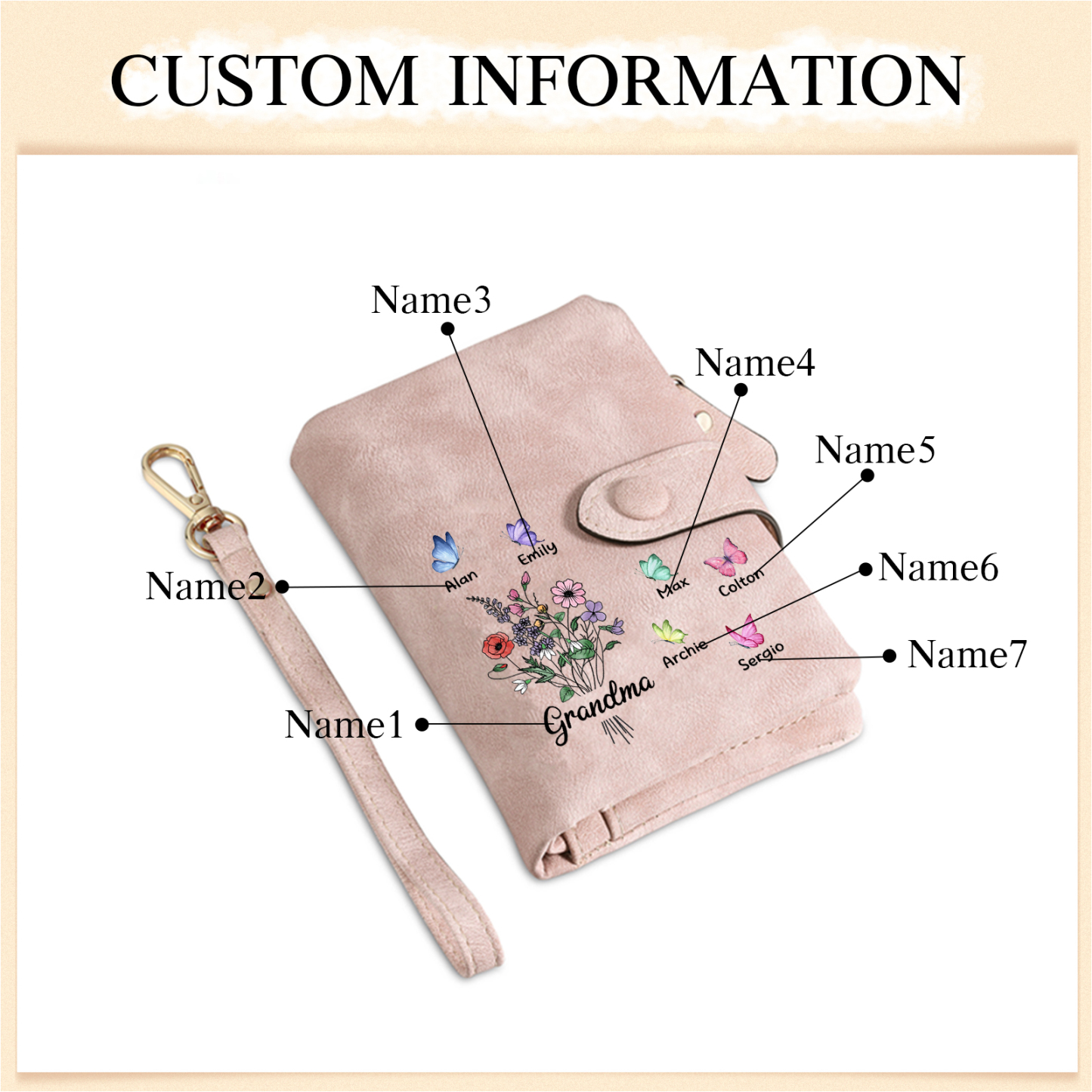 Cartera, billetera flores y mariposas 7 nombres personalizados monedero clásico para mujer | Jessemade