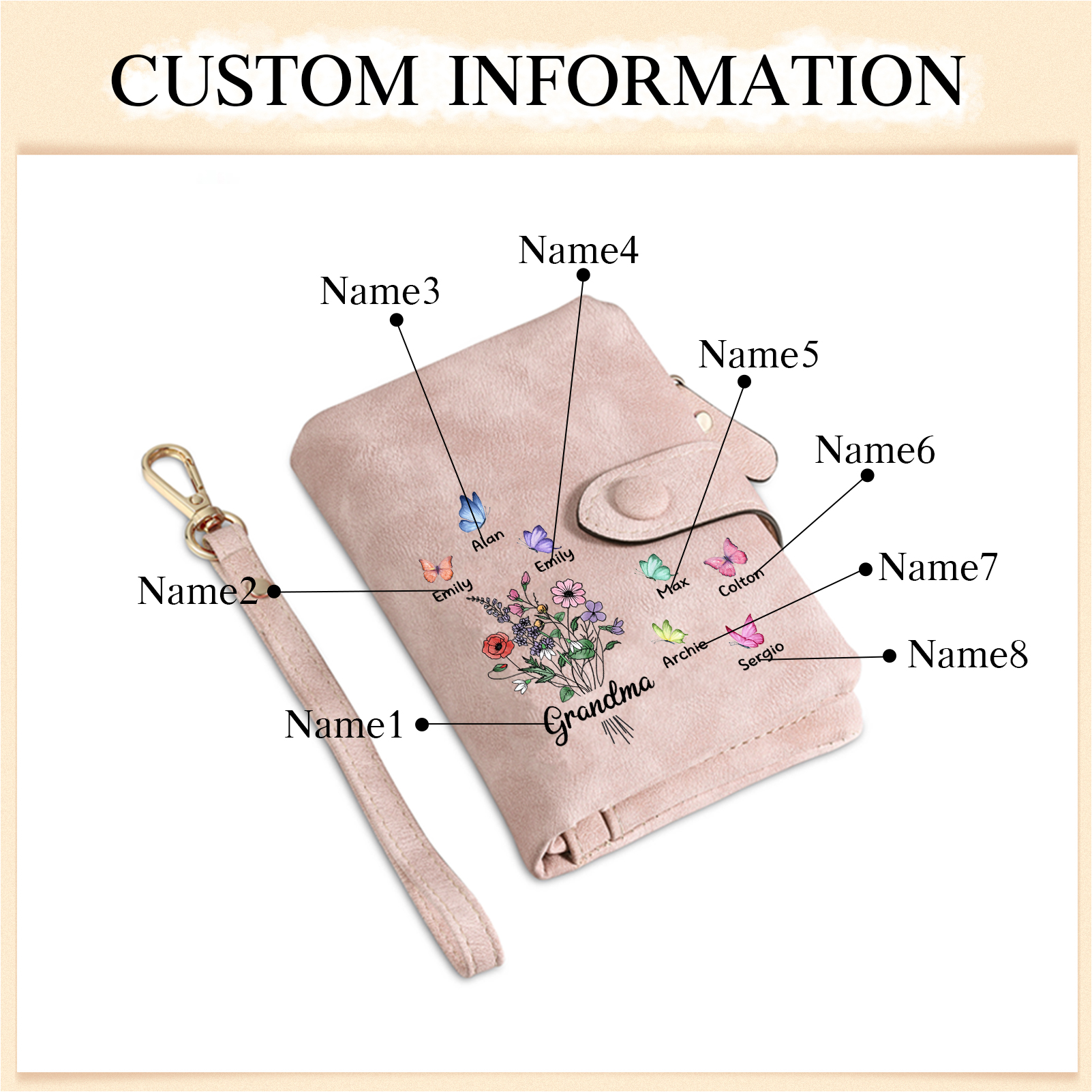 Cartera, billetera flores y mariposas 8 nombres personalizados monedero clásico para mujer | Jessemade