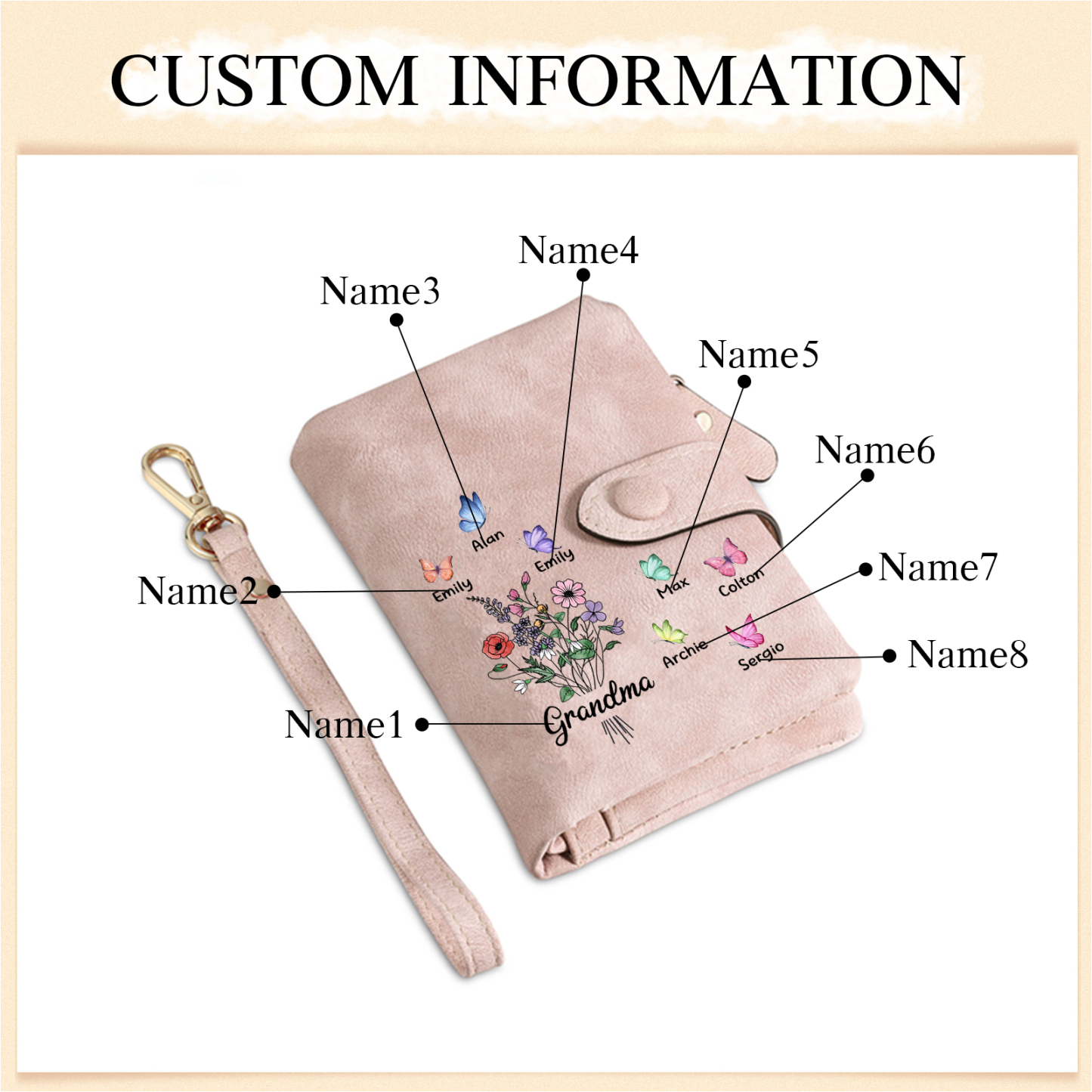 Cartera, billetera flores y mariposas 8 nombres personalizados monedero clásico para mujer | Jessemade