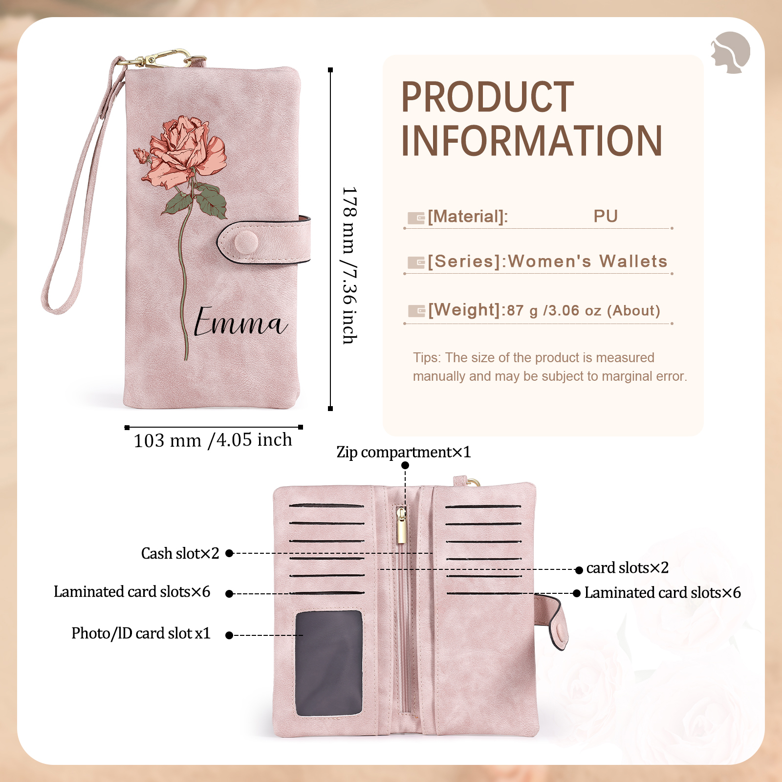 Cartera, billetera con nombre y flor de nacimiento personalizados monedero clásico para mujer | Jessemade