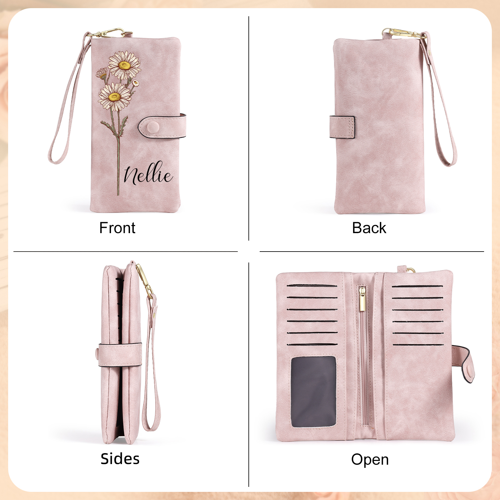 Cartera, billetera con nombre y flor de nacimiento personalizados monedero clásico para mujer | Jessemade