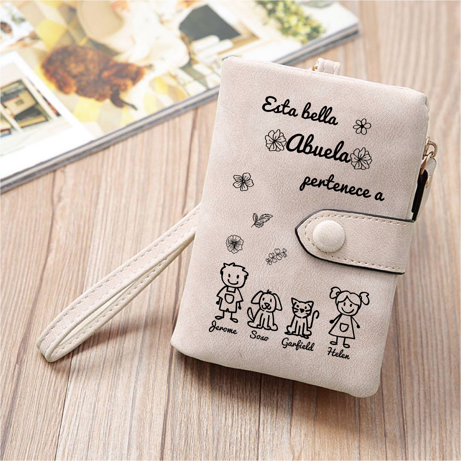 A mi abuela - Kit de regalo de cartera, llavero "Esta abuela pertenece a..."con "niño" 4 nombres personalizados con tarjeta y caja | Jessemade