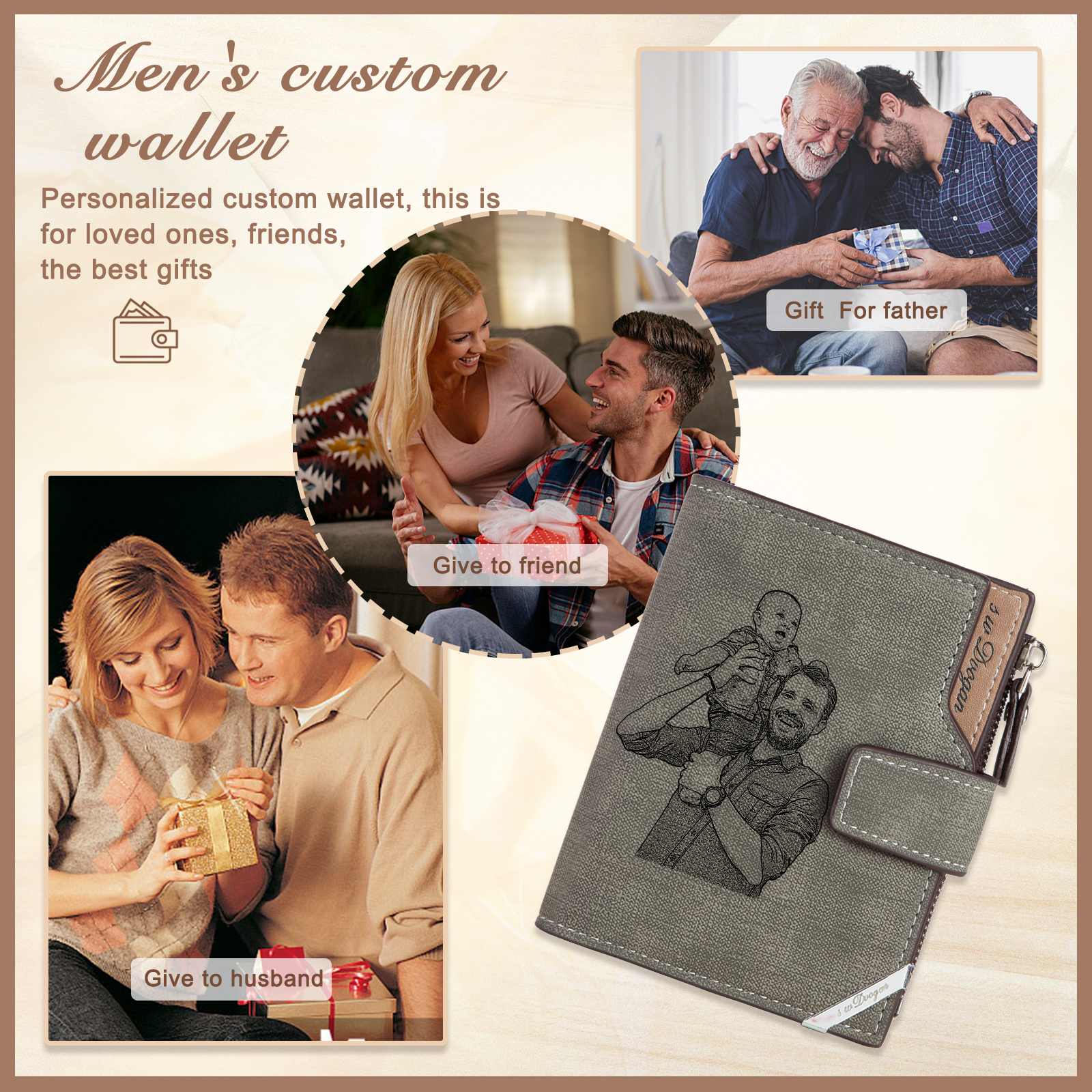 Cartera, billetera con botón con 1 foto, 1 nombre y 1 letra monedero personalizado para hombre | Jessemade