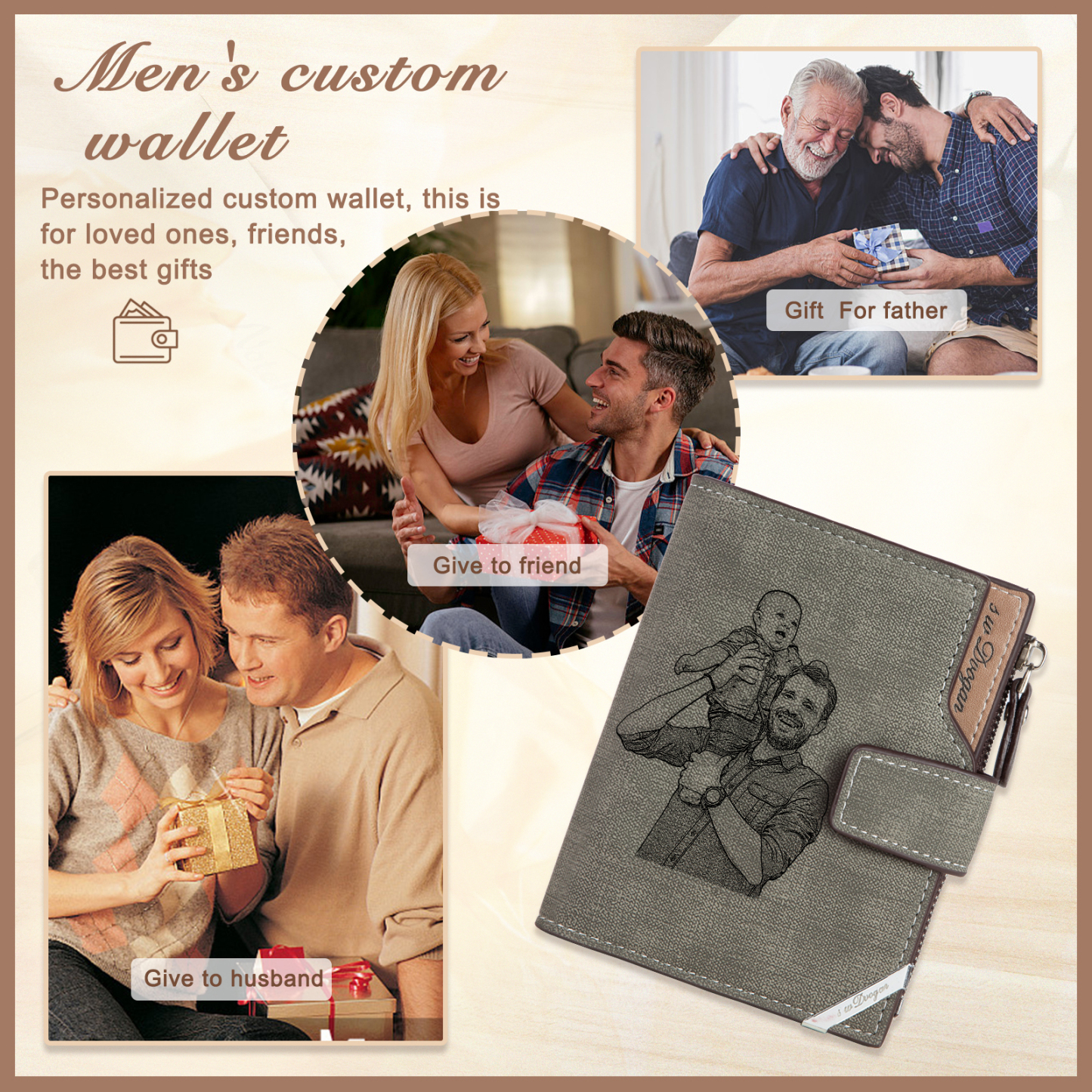 Cartera, billetera con botón con 1 foto, 1 nombre y 1 letra monedero personalizado para hombre | Jessemade