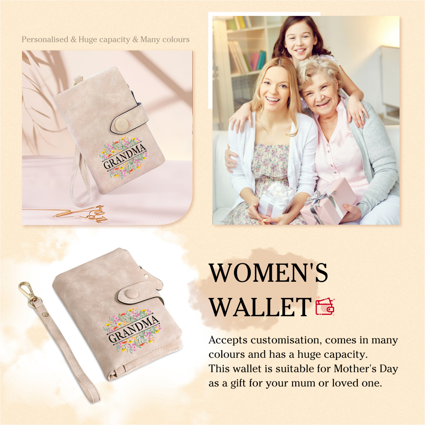 Cartera, billetera matorral de flores 2 nombres y texto personalizados monedero clásico para mujer | Jessemade