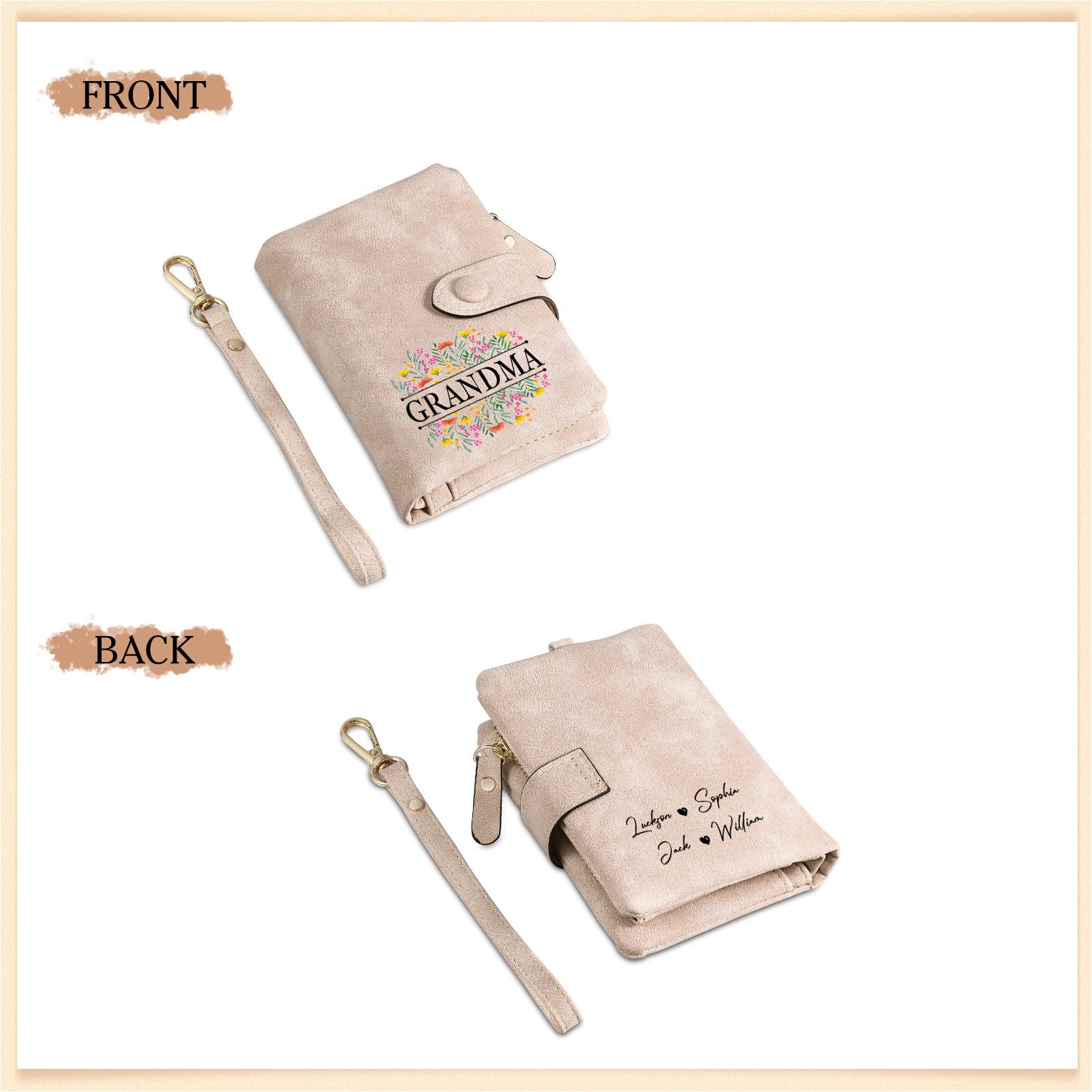 Cartera, billetera matorral de flores 4 nombres y texto personalizados monedero clásico para mujer | Jessemade