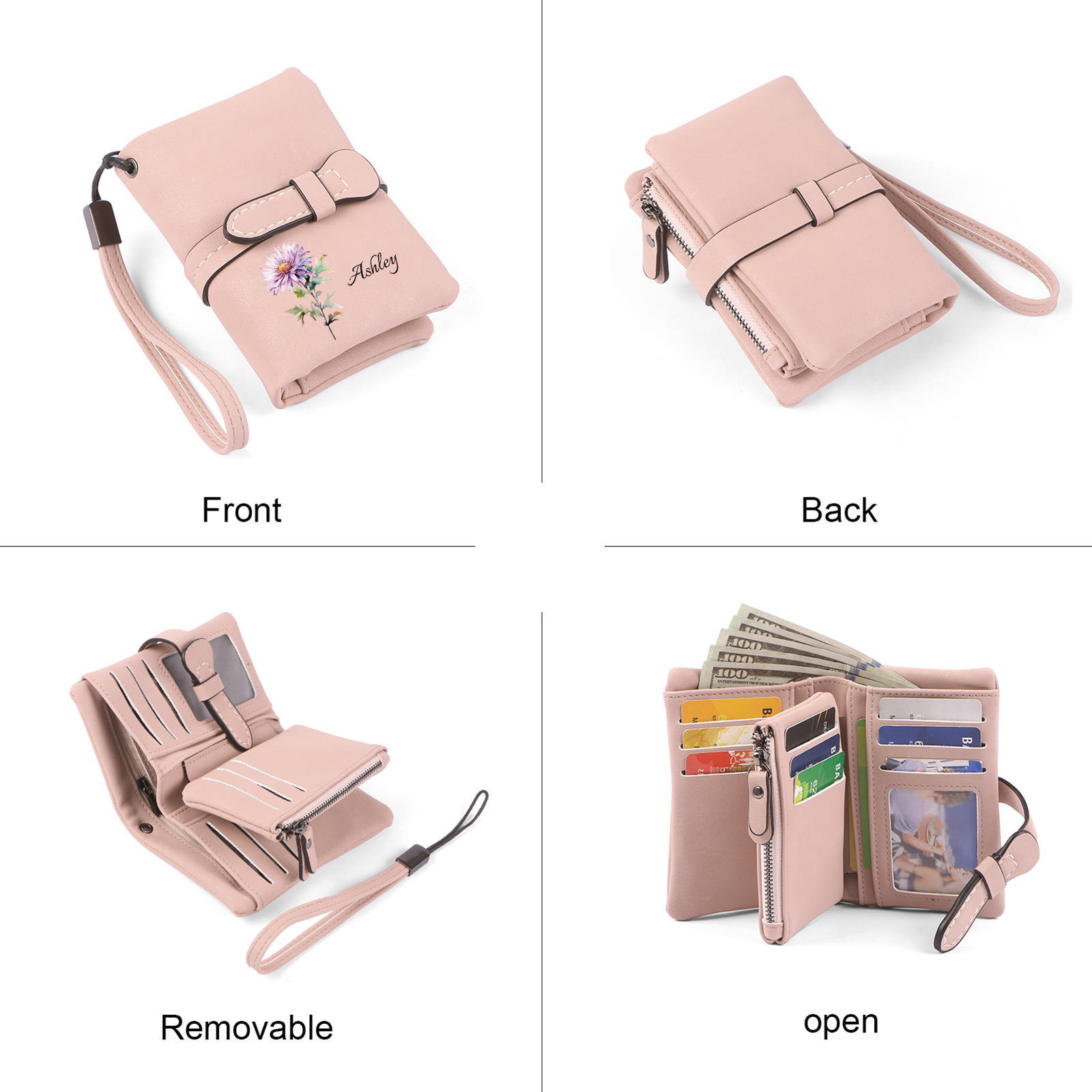 Cartera, billetera personalizada con nombre y flor de nacimiento monedero clásico para mujer | Jessemade