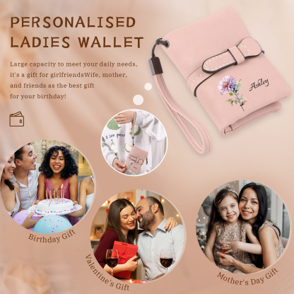 Cartera, billetera personalizada con nombre y flor de nacimiento monedero clásico para mujer | Jessemade