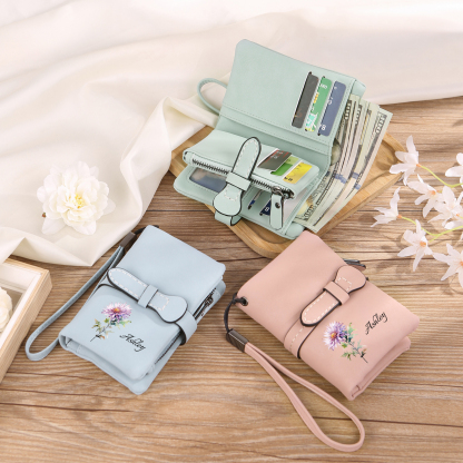 Cartera, billetera personalizada con nombre y flor de nacimiento monedero clásico para mujer | Jessemade