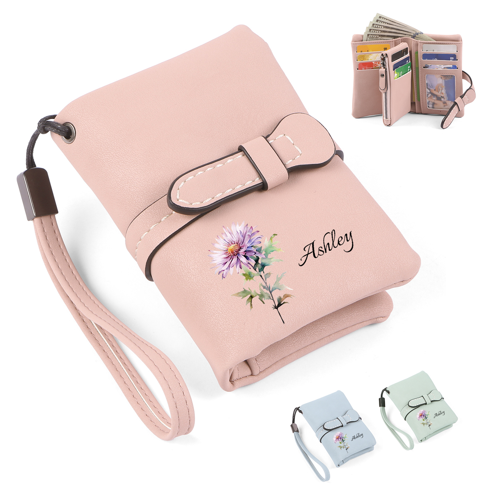 Cartera, billetera personalizada con nombre y flor de nacimiento monedero clásico para mujer | Jessemade