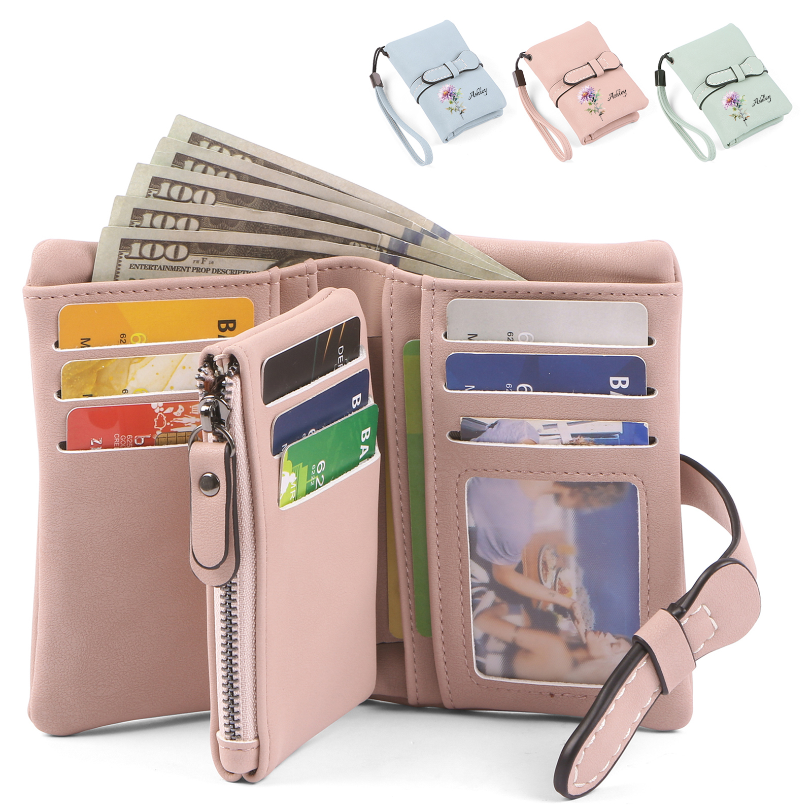 Cartera, billetera personalizada con nombre y flor de nacimiento monedero clásico para mujer | Jessemade