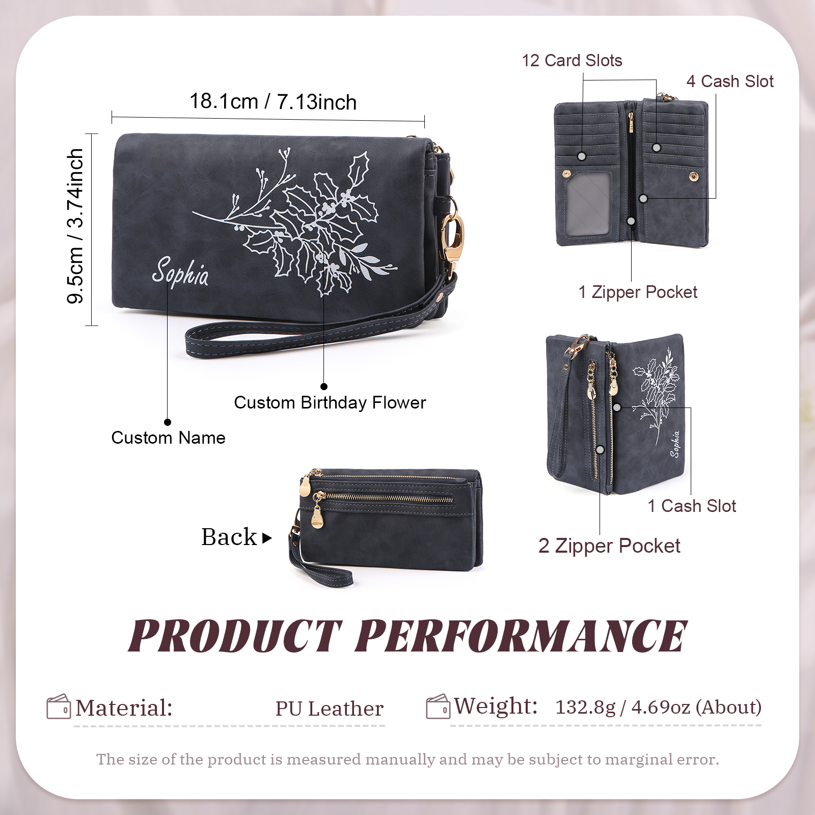 Cartera, billetera con correa con nombre y flor de nacimiento personalizados monedero clásico para mujer | Jessemade