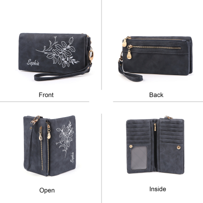 Cartera, billetera con correa con nombre y flor de nacimiento personalizados monedero clásico para mujer | Jessemade