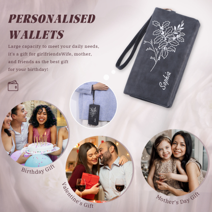 Cartera, billetera con correa con nombre y flor de nacimiento personalizados monedero clásico para mujer | Jessemade