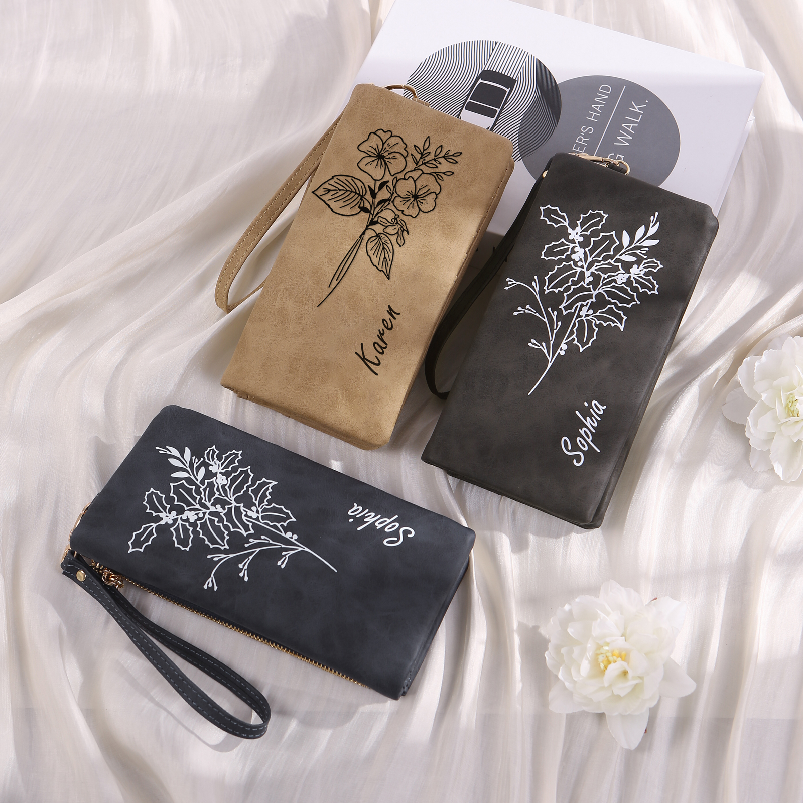 Cartera, billetera con correa con nombre y flor de nacimiento personalizados monedero clásico para mujer | Jessemade