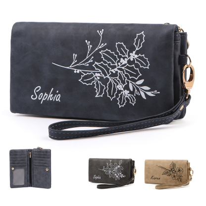 Cartera, billetera con correa con nombre y flor de nacimiento personalizados monedero clásico para mujer | Jessemade