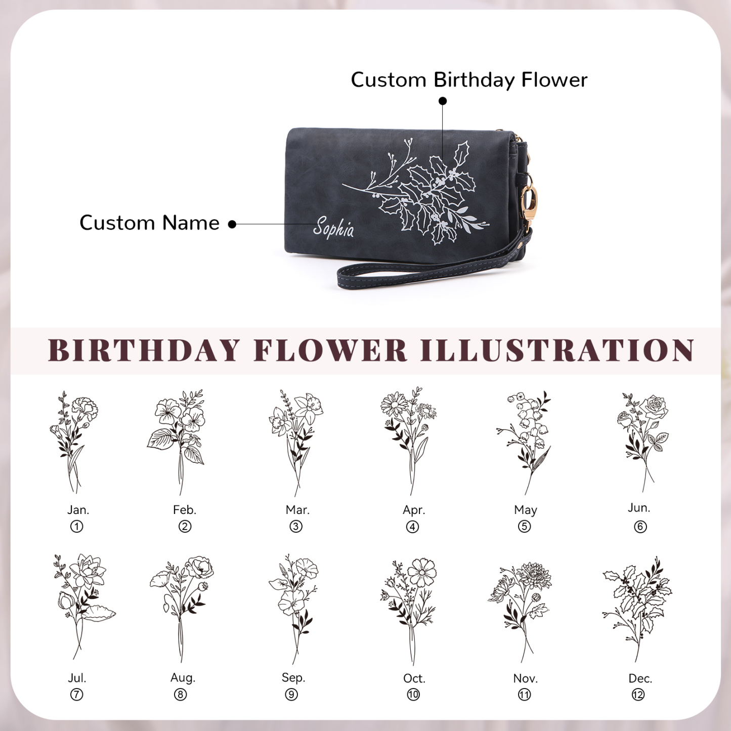 Cartera, billetera con correa con nombre y flor de nacimiento personalizados monedero clásico para mujer | Jessemade