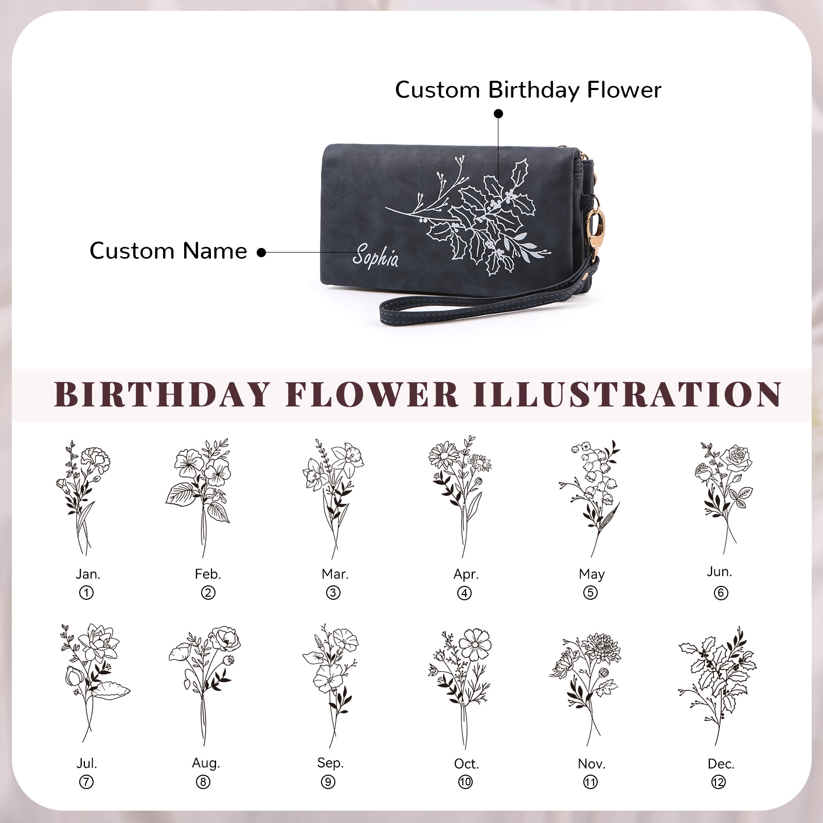 Cartera, billetera con correa con nombre y flor de nacimiento personalizados monedero clásico para mujer | Jessemade