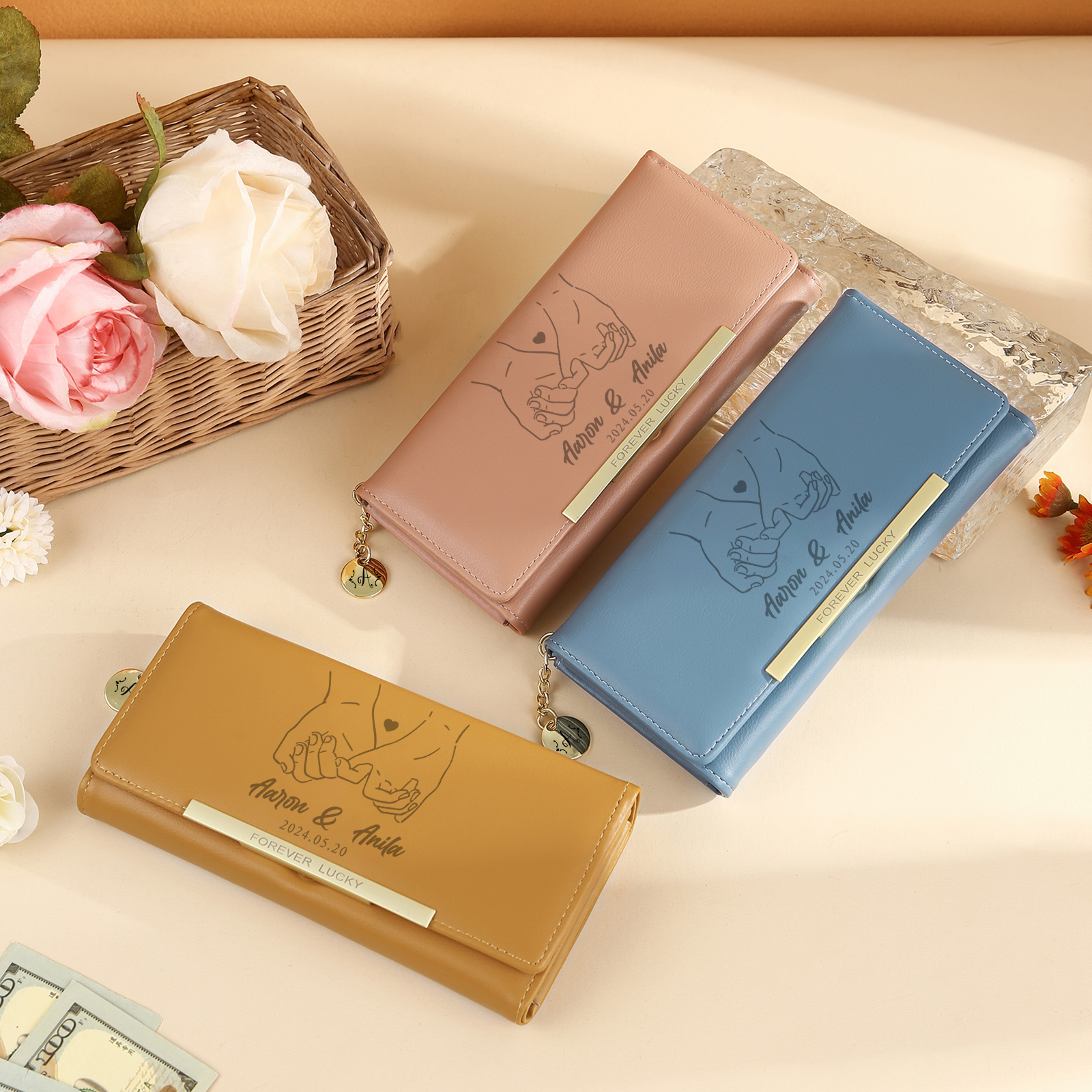 Cartera, billetera mano con mano con letra, 2 nombres, fecha y foto personalizados monedero clásico para mujer | Jessemade