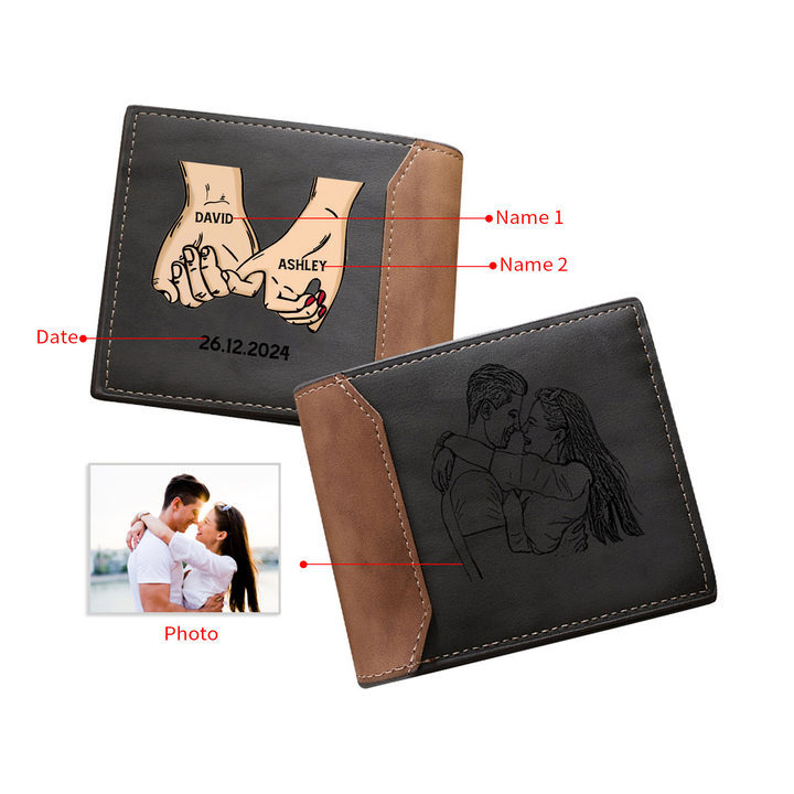 Cartera, billetera dedos cogidos para pareja personalizada con 2 nombres, fecha y foto | Jessemade