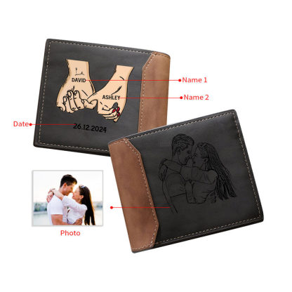 Cartera, billetera dedos cogidos para pareja personalizada con 2 nombres, fecha y foto | Jessemade
