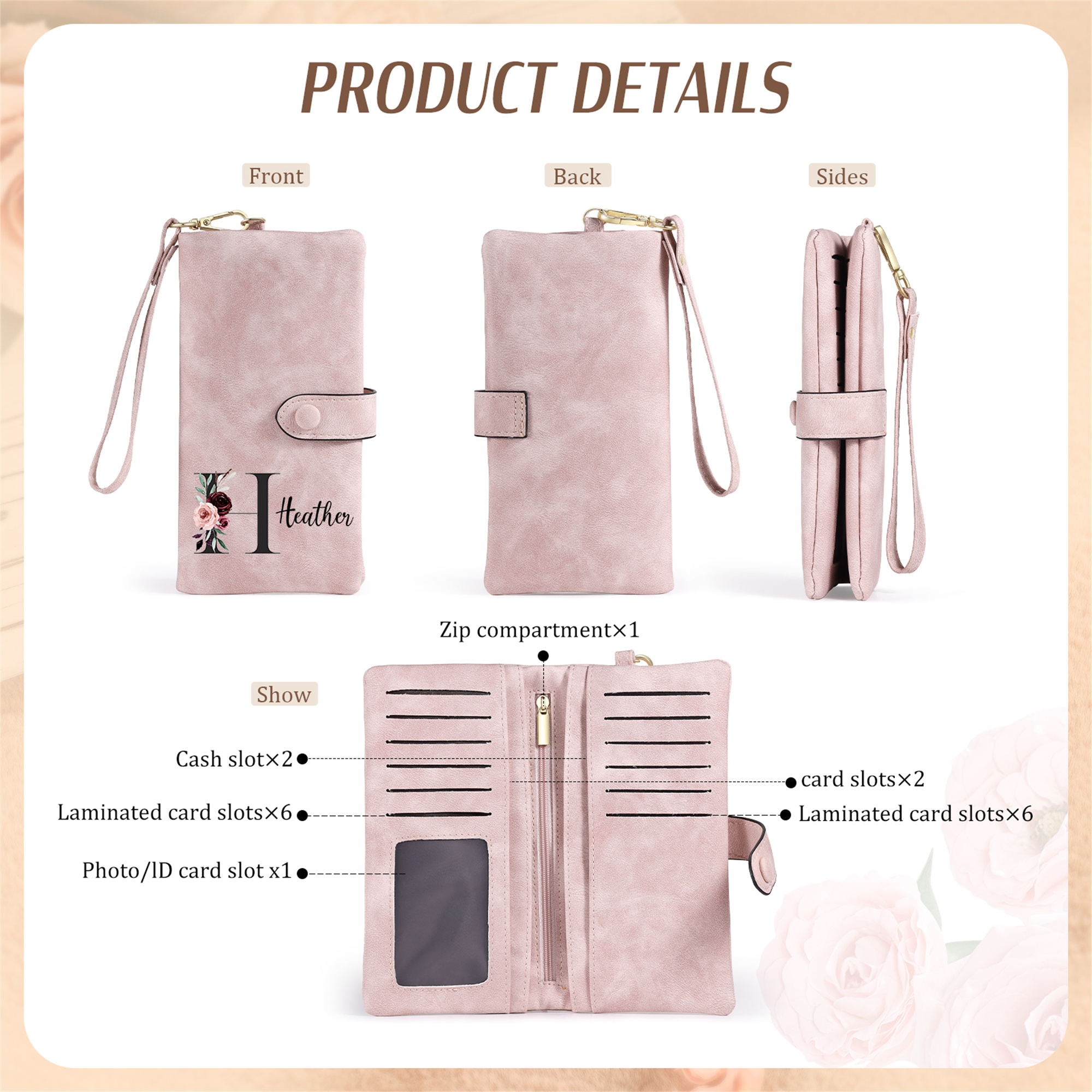 Cartera, billetera con 1 nombre e inicial personalizados monedero clásico para mujer | Jessemade