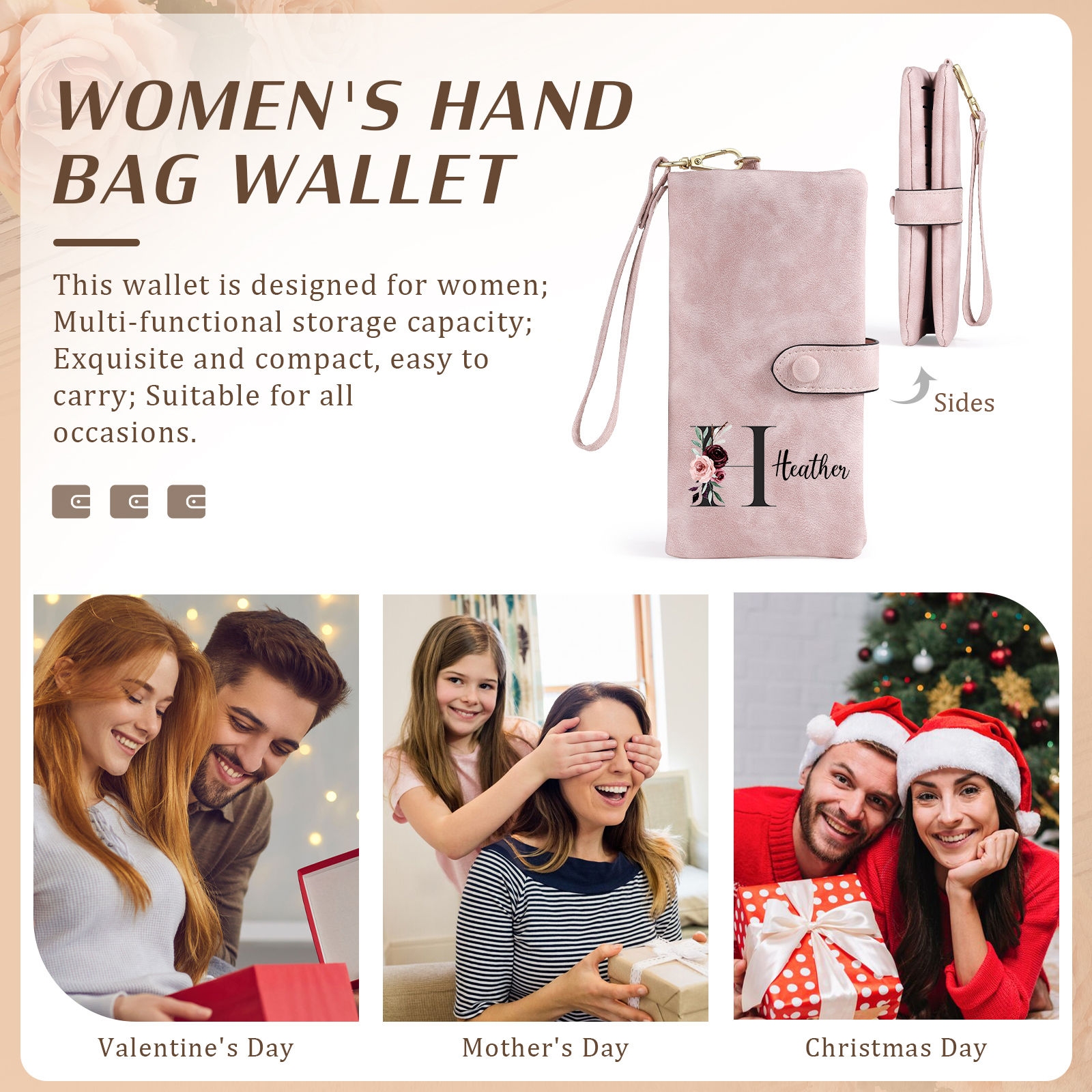 Cartera, billetera con 1 nombre e inicial personalizados monedero clásico para mujer | Jessemade