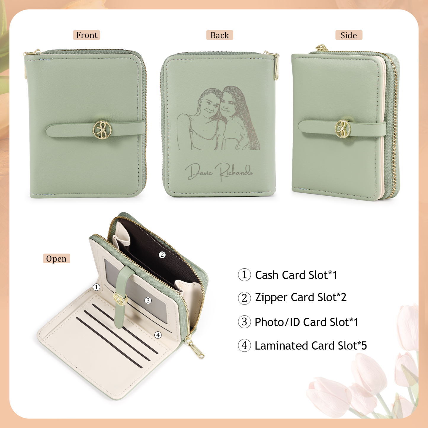 Cartera, billetera con cierre con 1 foto y texto personalizados monedero clásico para mujer | Jessemade