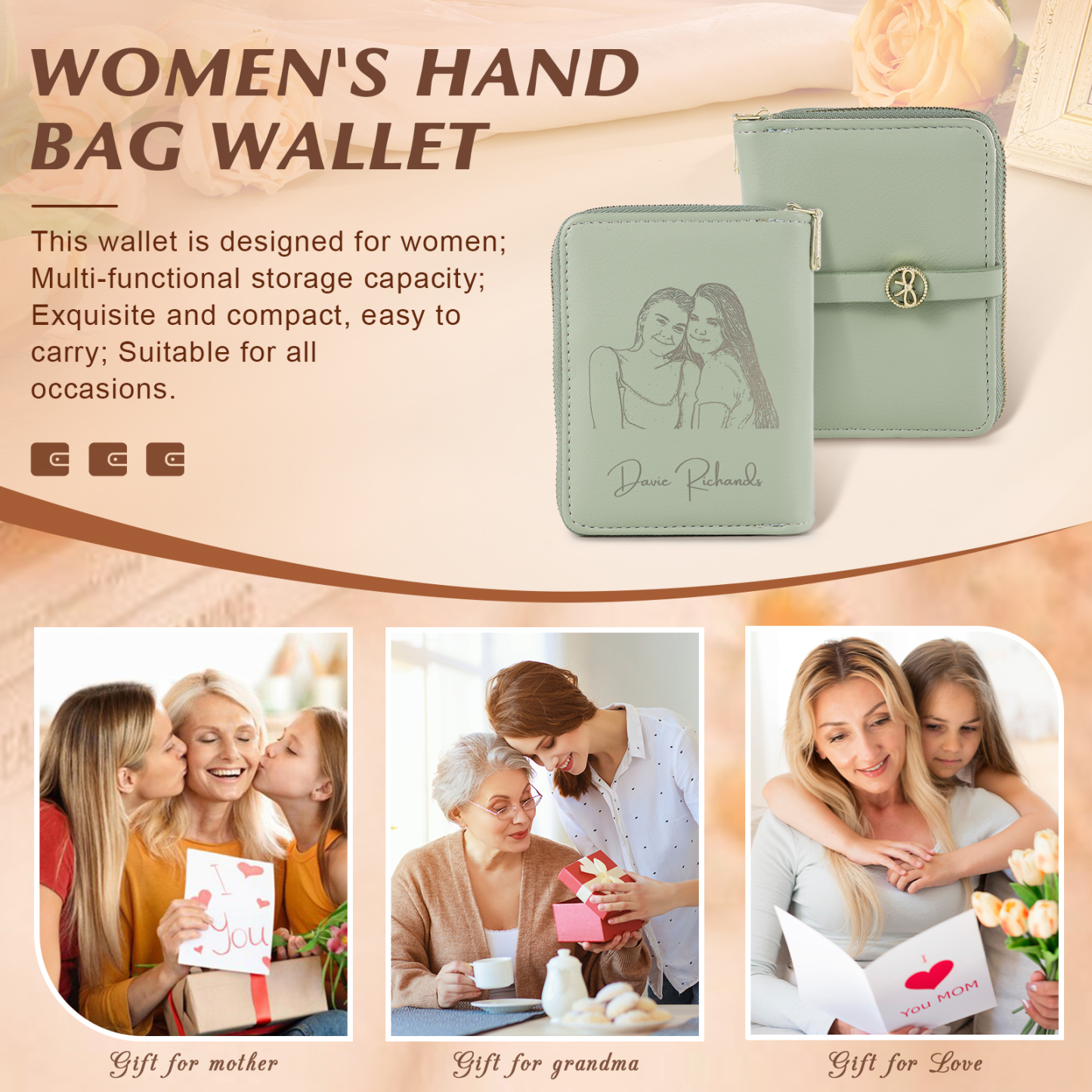 Cartera, billetera con cierre con 1 foto y texto personalizados monedero clásico para mujer | Jessemade