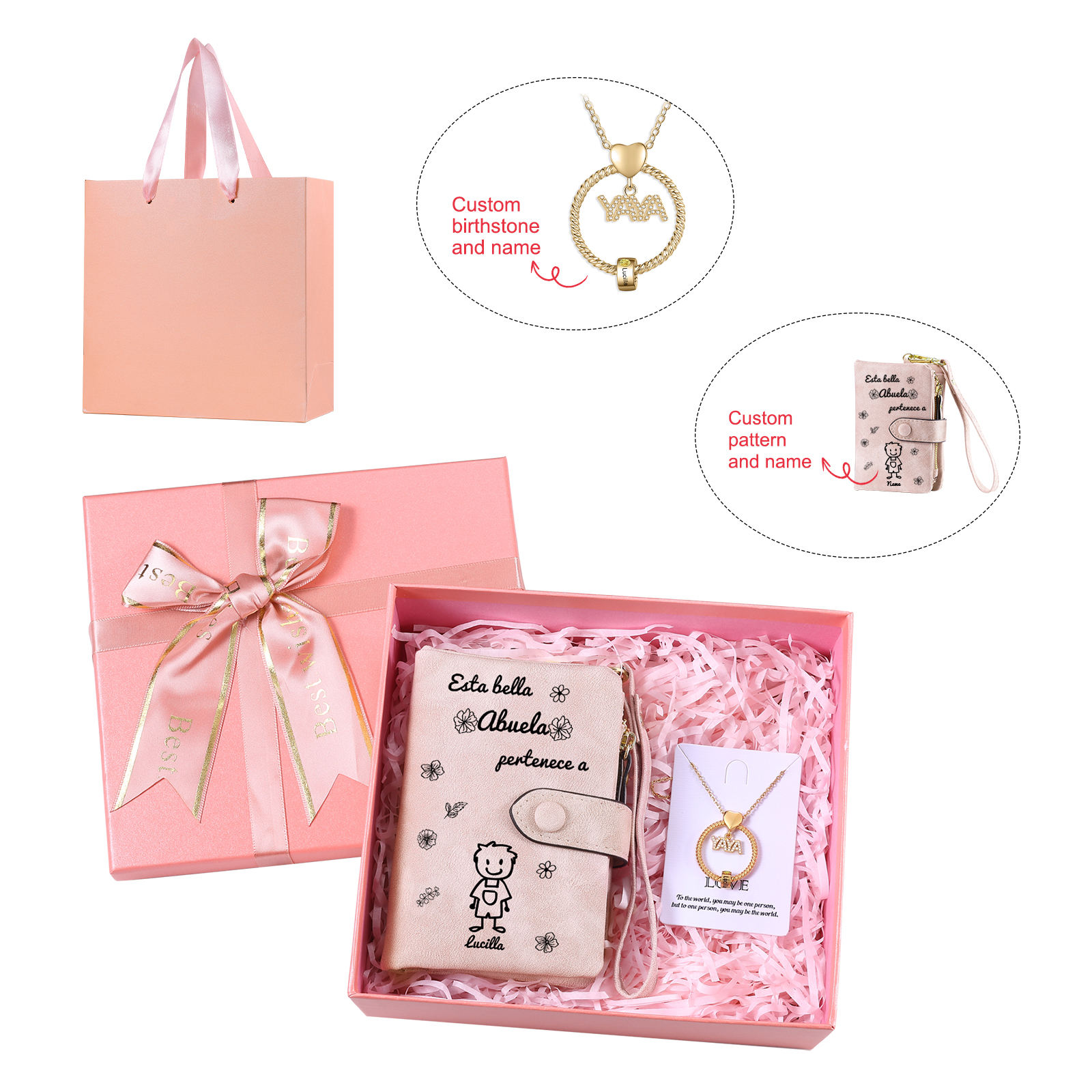 A mi abuela - Kit de regalo de cartera "Esta abuela pertenece a..." y collar ''YAYA'' 1 nombre personalizado con caja | Jessemade
