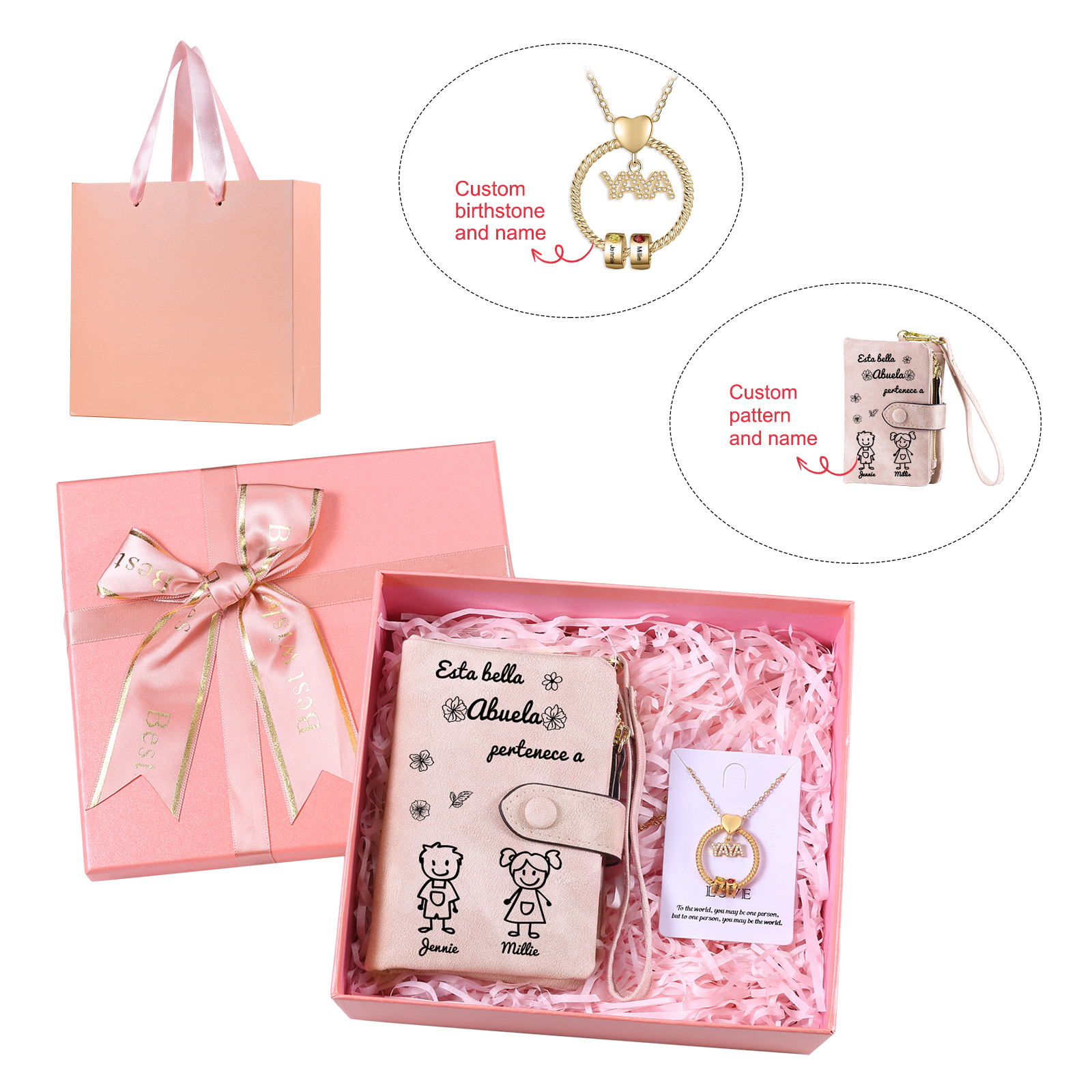 A mi abuela - Kit de regalo de cartera "Esta abuela pertenece a..." y collar ''YAYA'' 2 nombres personalizados con caja | Jessemade