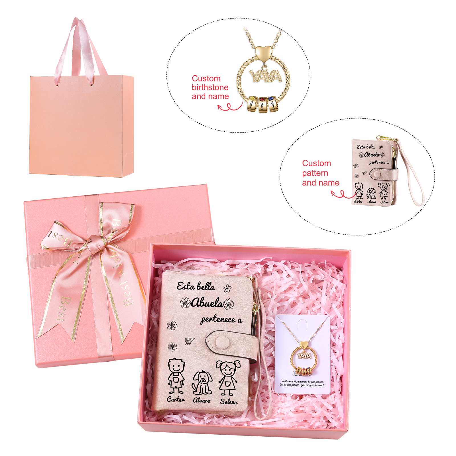A mi abuela - Kit de regalo de cartera "Esta abuela pertenece a..." y collar ''YAYA'' 3 nombres personalizados con caja | Jessemade