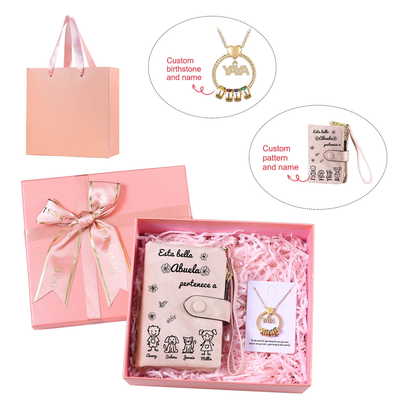 A mi abuela - Kit de regalo de cartera "Esta abuela pertenece a..." y collar ''YAYA'' 4 nombres personalizados con caja | Jessemade