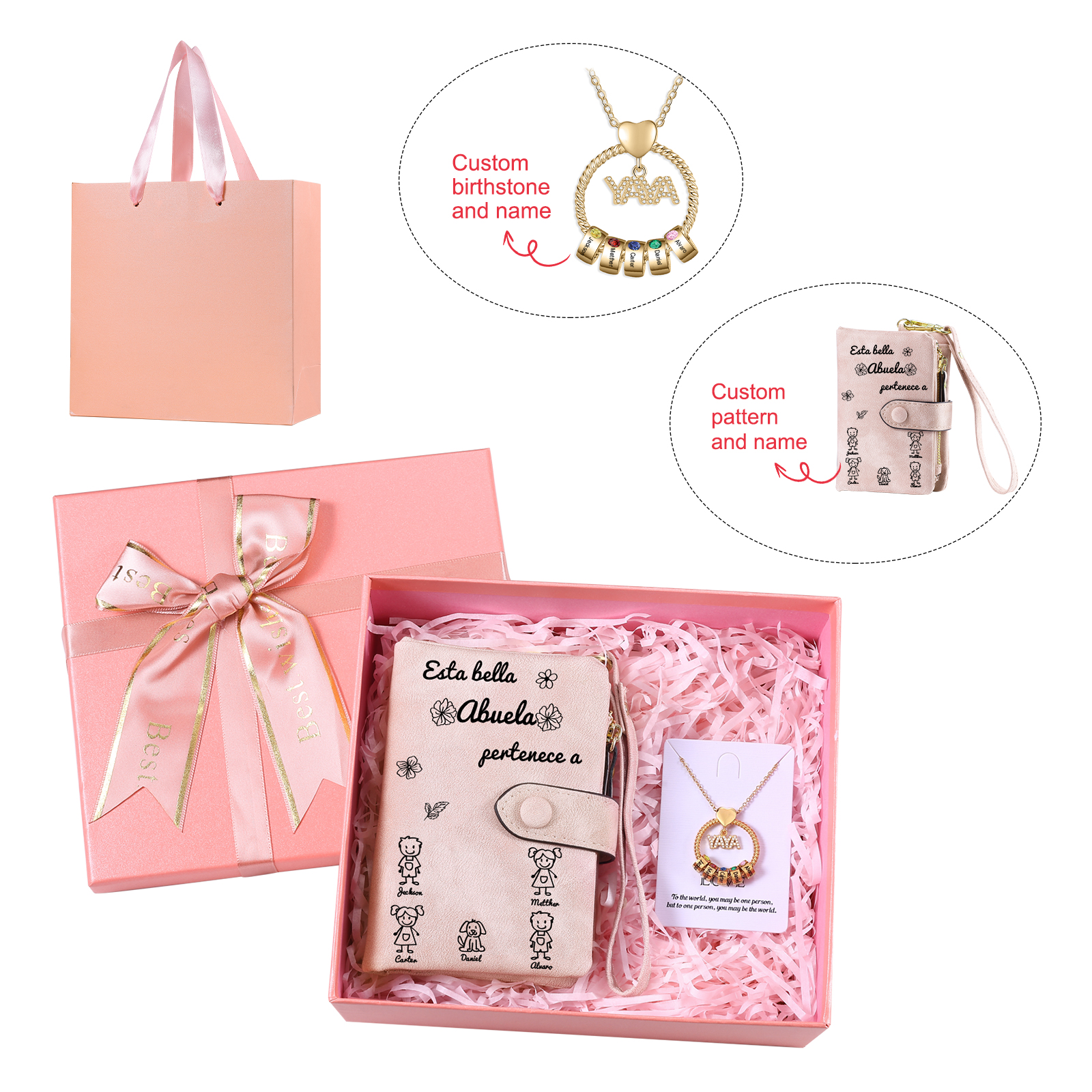A mi abuela - Kit de regalo de cartera "Esta abuela pertenece a..." y collar ''YAYA'' 5 nombres personalizados con caja | Jessemade
