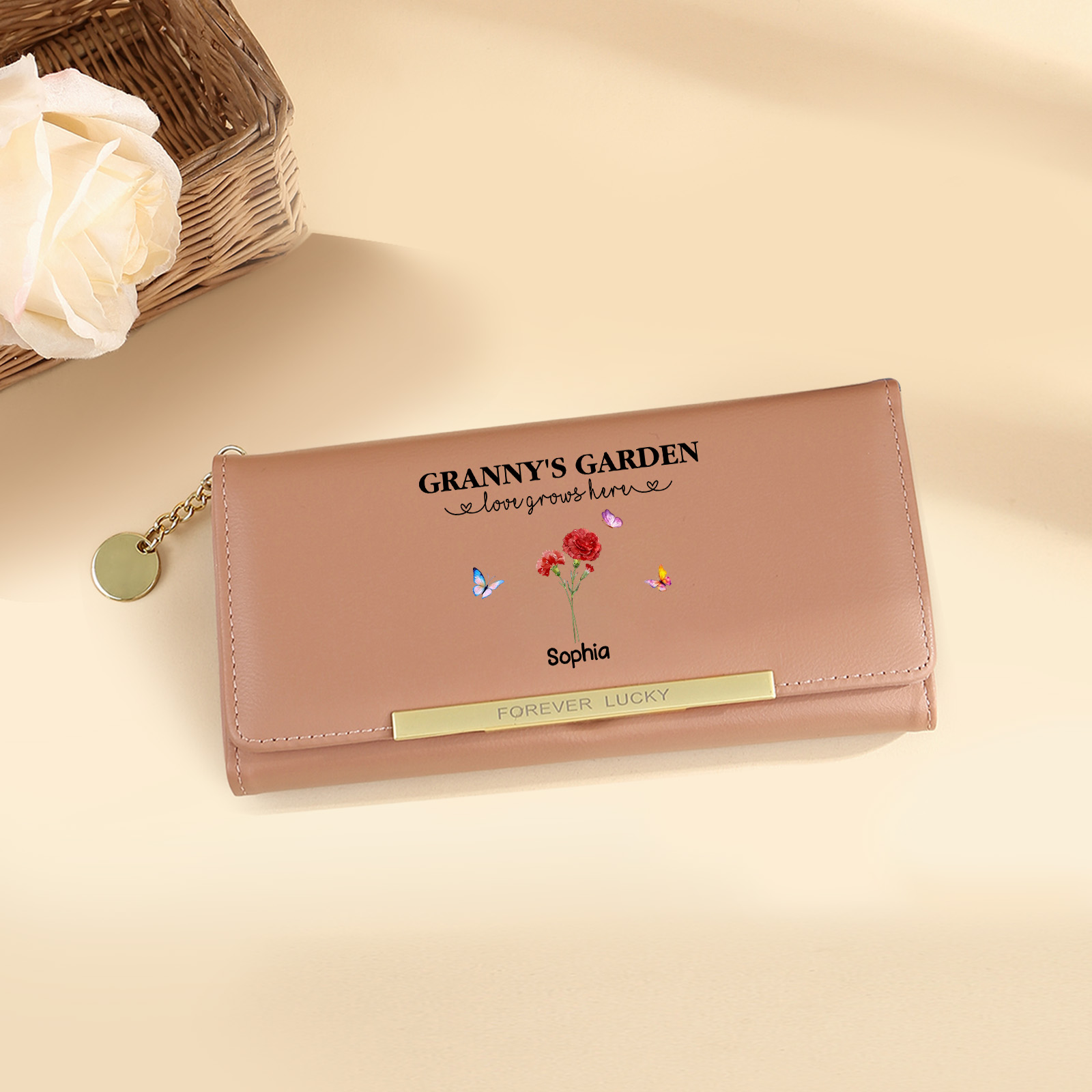 Cartera personalizada para abuela – Flor de nacimiento y nombre, regalo sentimental y funcional