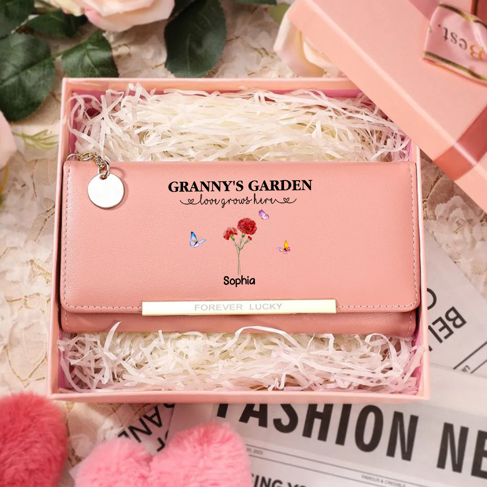 Cartera personalizada para abuela – Flor de nacimiento y nombre, regalo sentimental y funcional