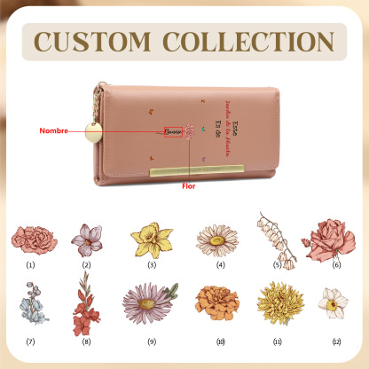 A mi abuela - Cartera de PU Personalizada - Billetera Grabada con Nombre y Flor, Especial Día de los Abuelos, Regalo Elegante para Abuela | Jessemade