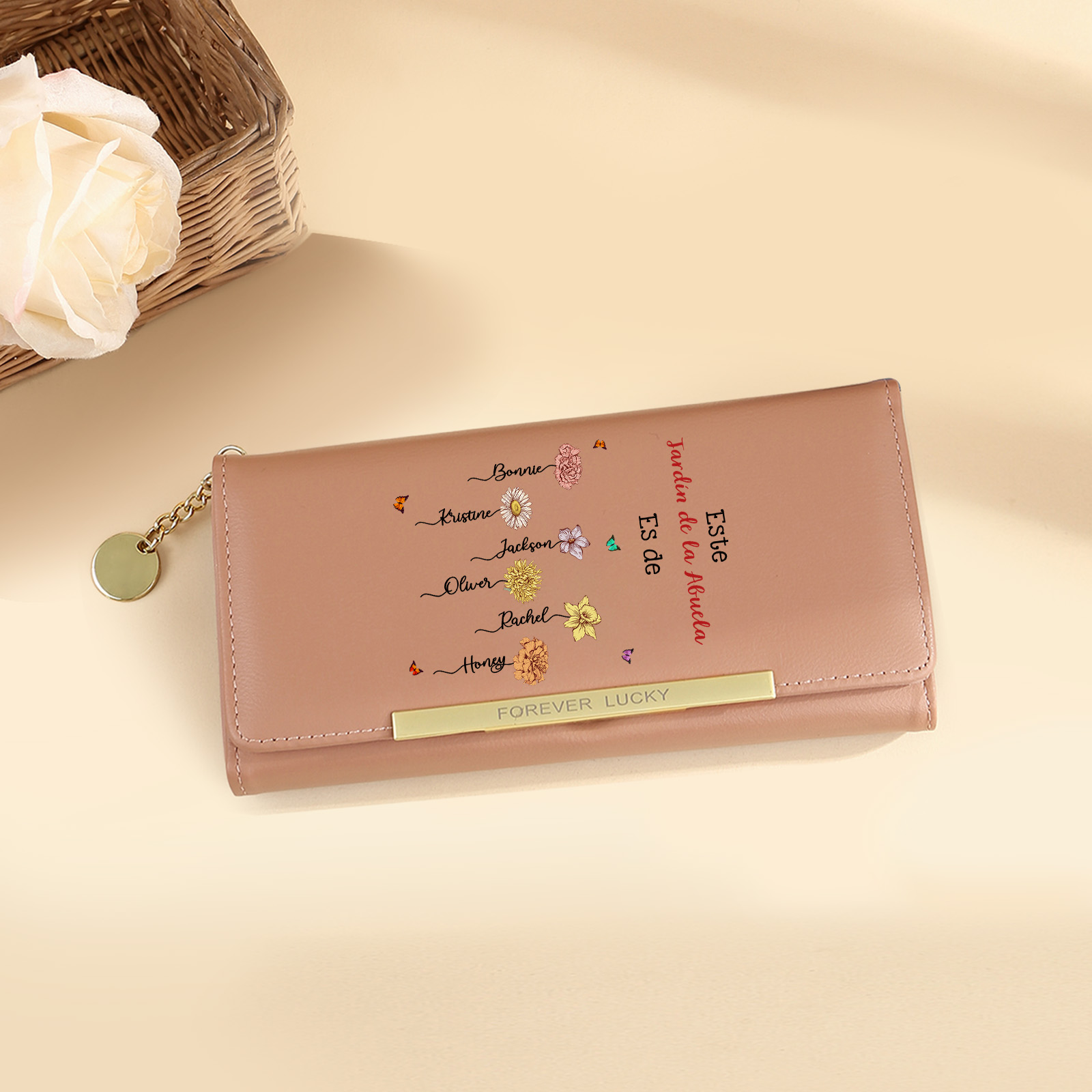 Cartera personalizada con nombre y flor para abuela | Regalo Día de los Abuelos