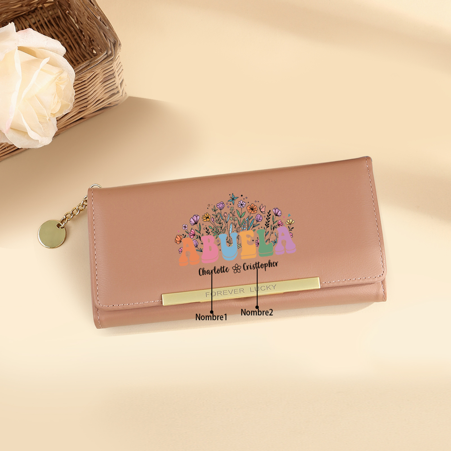 Regalo para Abuela – Cartera personalizada con nombres, diseño floral exclusivo y gran capacidad