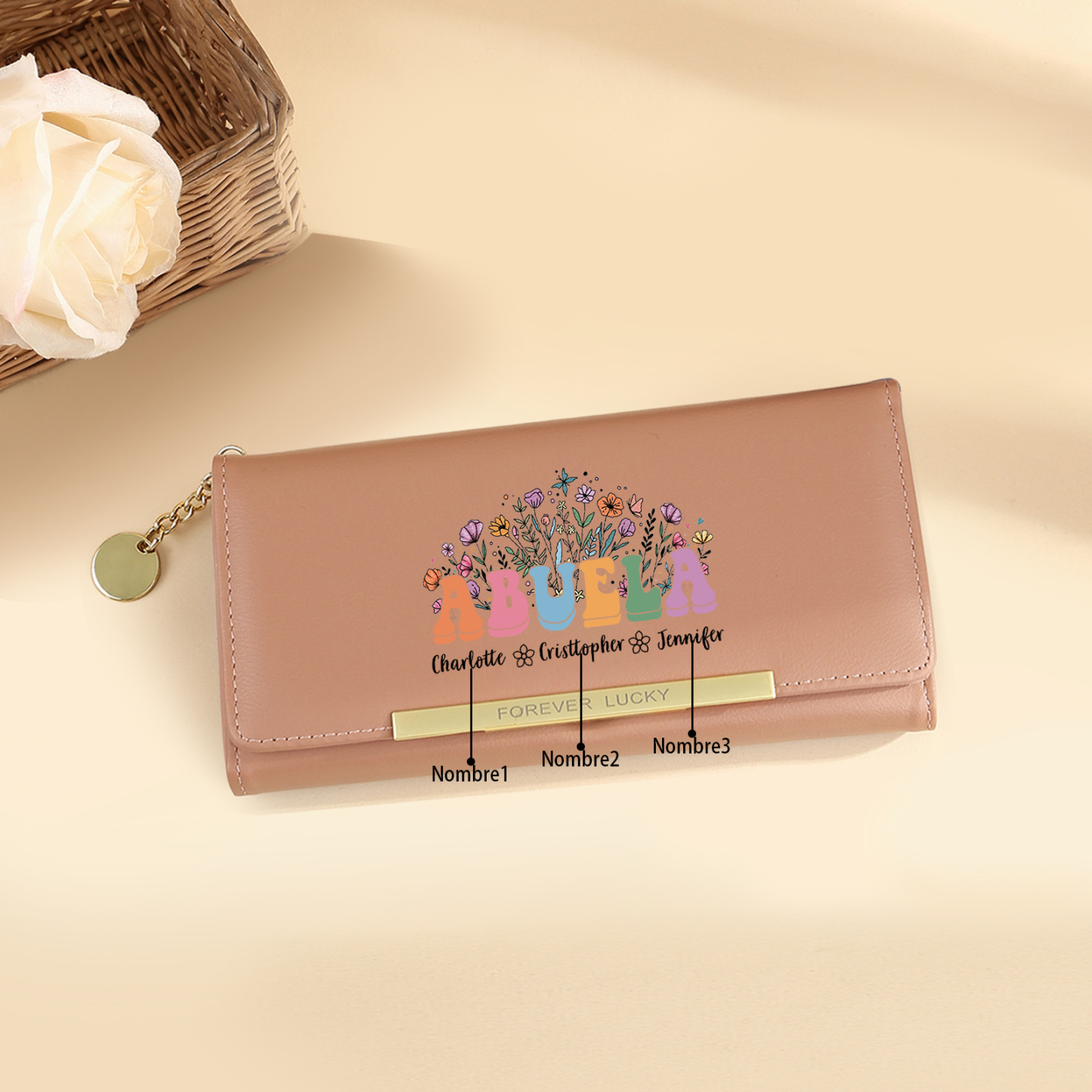 Regalo para Abuela – Cartera personalizada con nombres, diseño floral exclusivo y gran capacidad