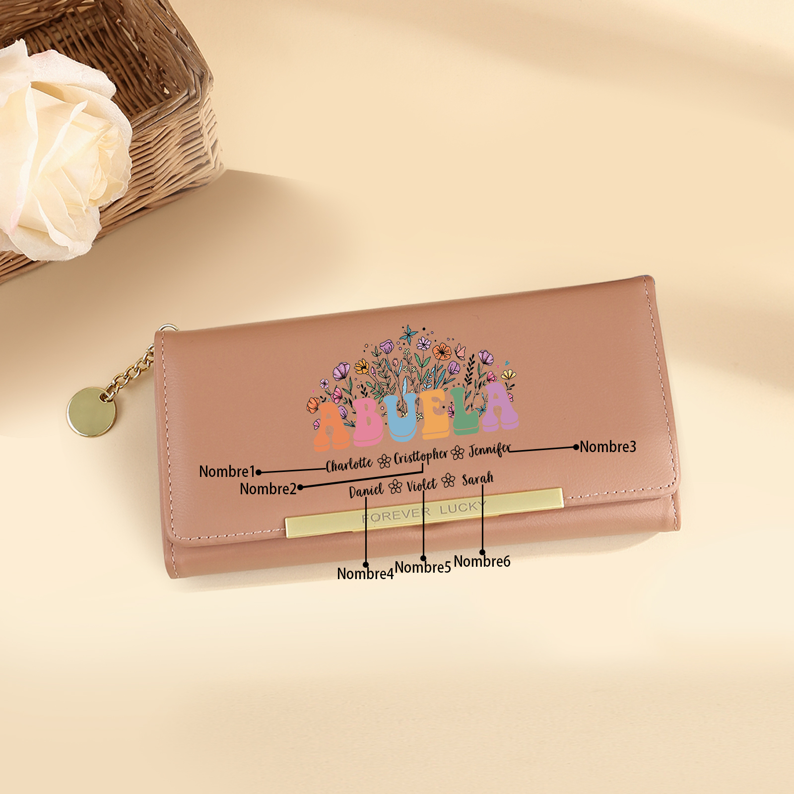 Regalo para Abuela – Cartera personalizada con nombres, diseño floral exclusivo y gran capacidad
