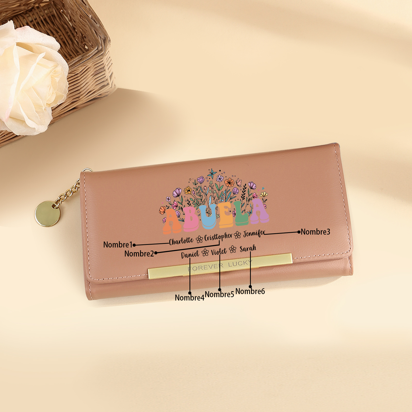 Regalo para Abuela – Cartera personalizada con nombres, diseño floral exclusivo y gran capacidad