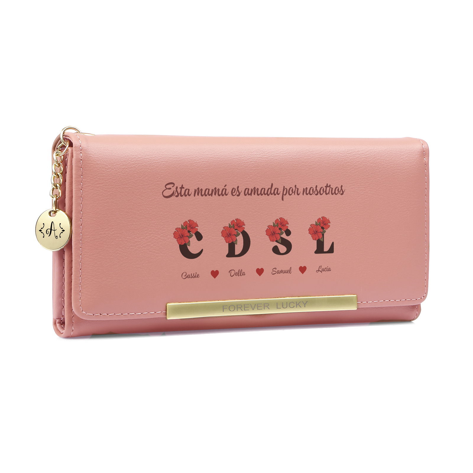 Cartera personalizada con motivo floral y de 1 a 8 nombres y letras para mamá o abuela