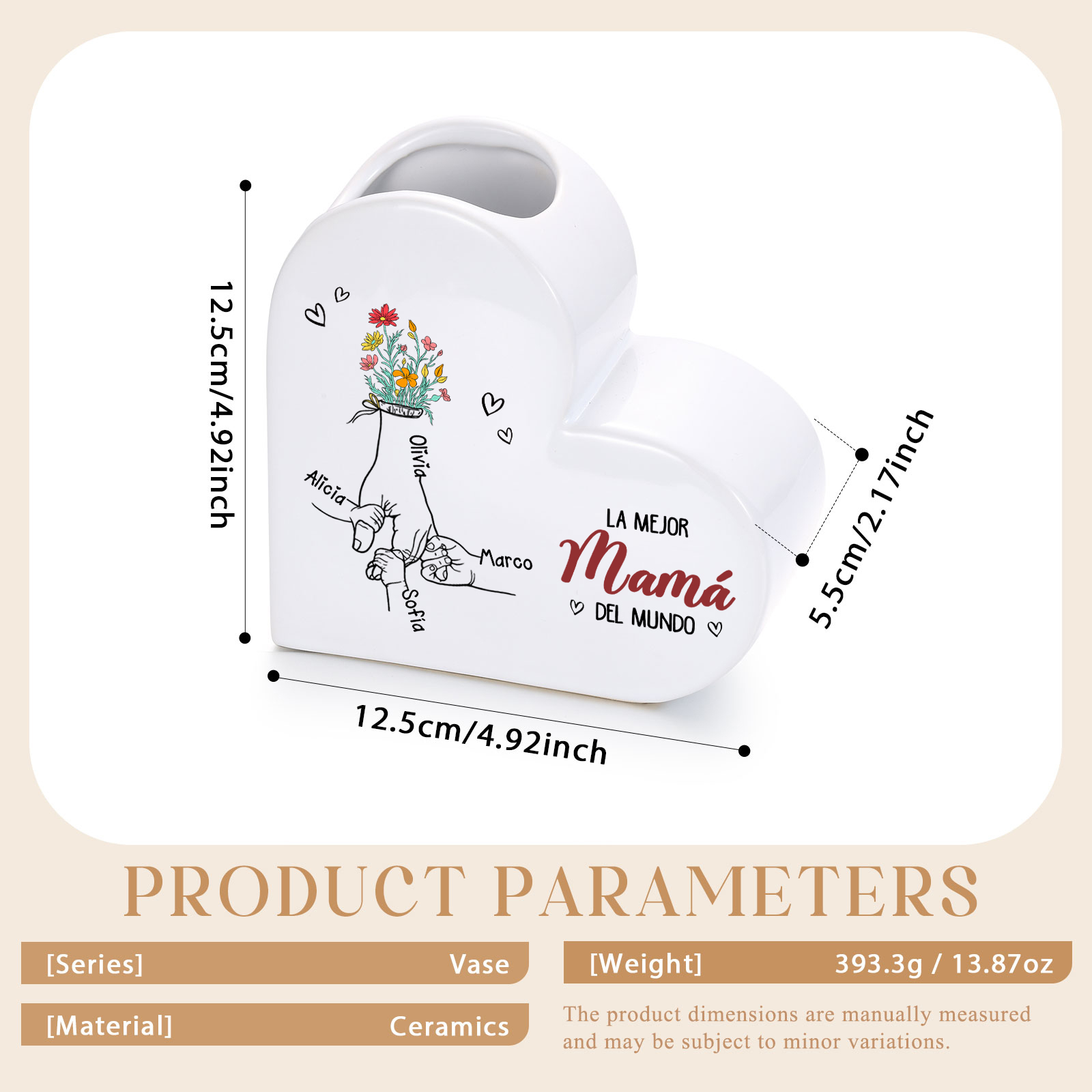 Jarrón Corazón de Cerámica Personalizado con 2 a 6 Nombres « La mejor mamá/abuela del mundo »